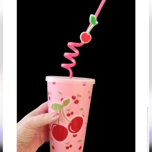 Cherry-Themed Pink Party Cup with Straw ■ Thick Plastic